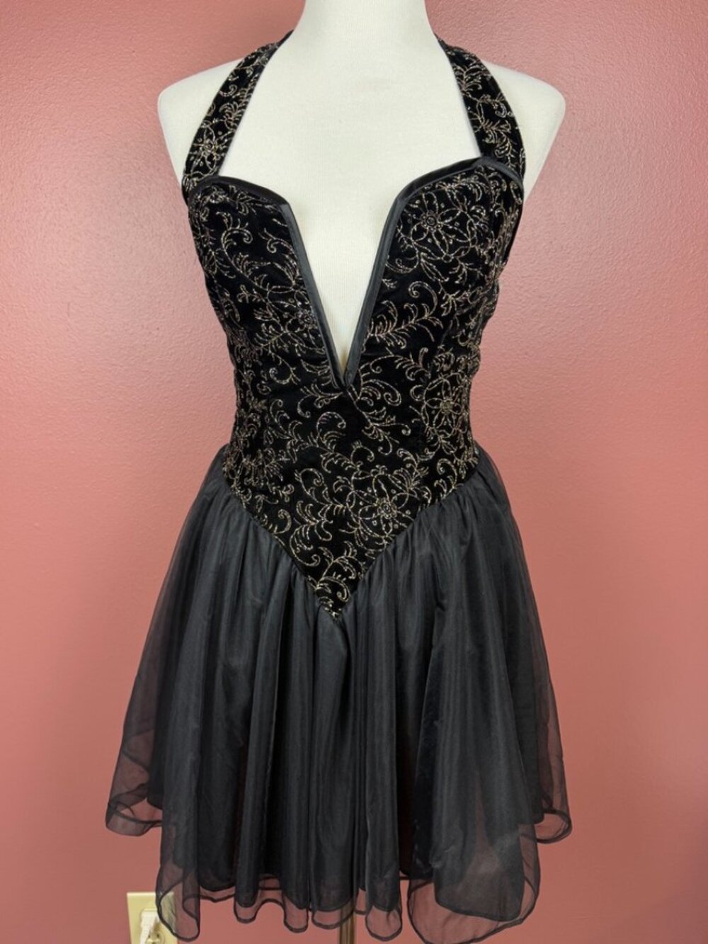Vintage Frederick's of Hollywood Halter Mini Dress with Deep V-Neck Mesh Back